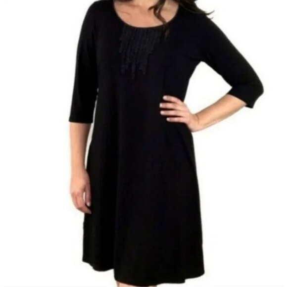 Eileen Fisher Dress Black M Medium Pleated Bib Washable A Line Stretch - Picture 1 of 10